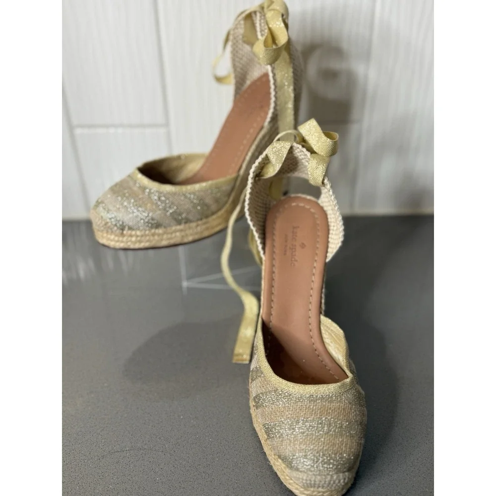 Kate Spade Gold Tan Espadrille Wedge Ankle Tie Sandals Shoes Women's Size 8M EUC
